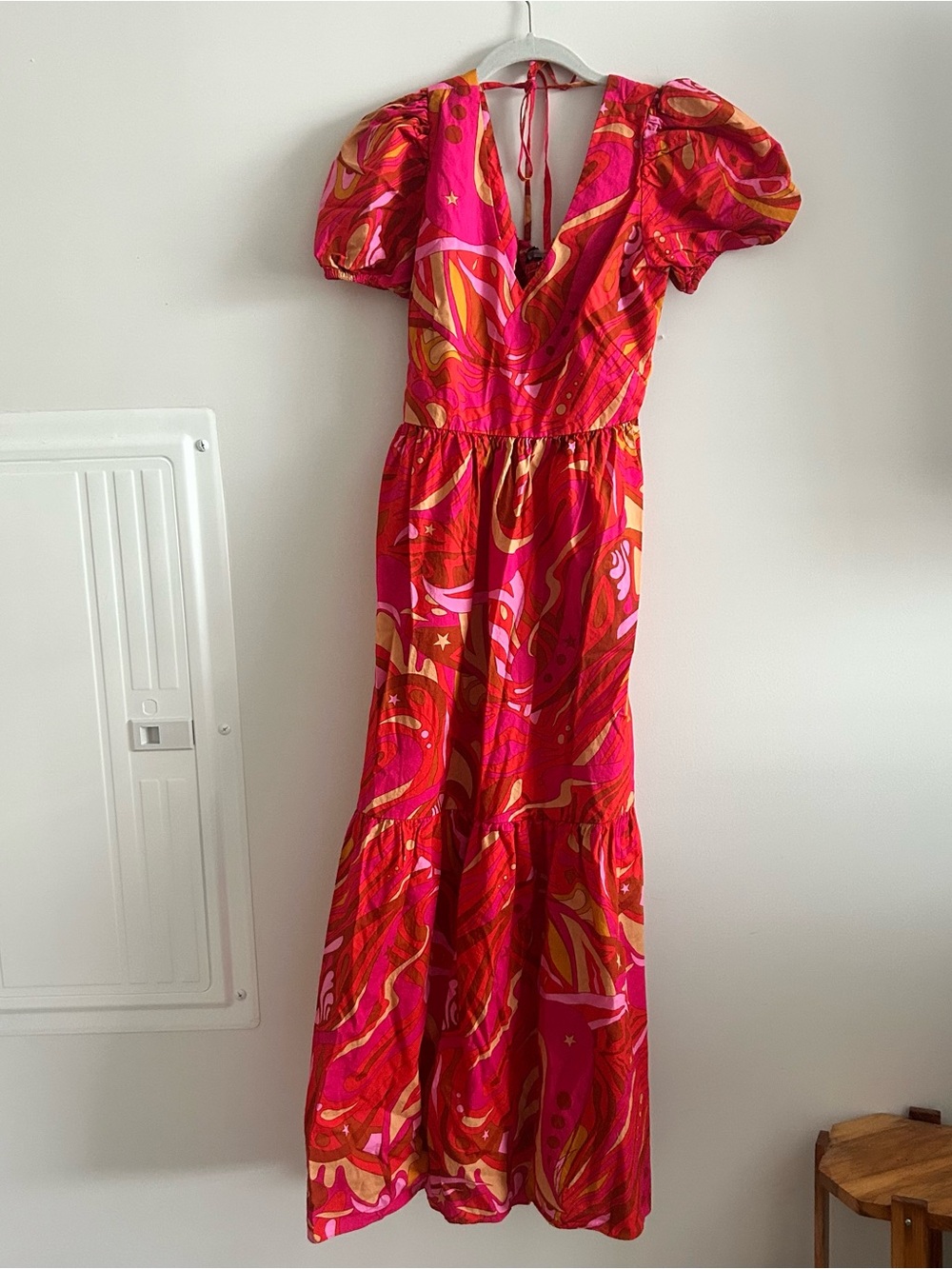 1.STATE Groovy Puff Sleeve Tiered Maxi Dress Pink Orange Bold Celestial Print